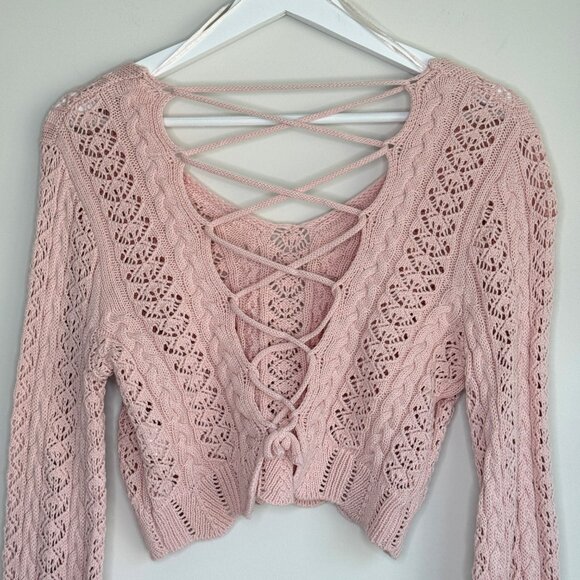 Altar'd State Pink Crochet Knit Crop Sweater Lace Up Back Bell Sleeve - Picture 4 of 8